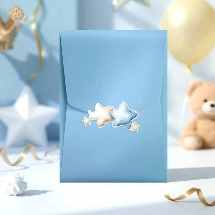 μπλε φάκελος βάπτισης με αυτοκόλλητο αστεράκια