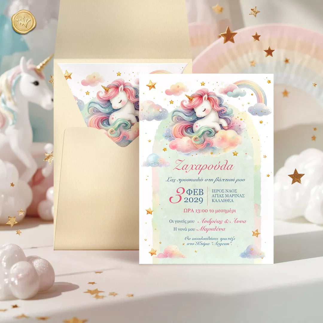 προσκλητήριο βάπτισης μονόκερος με φάκελο παστέλ