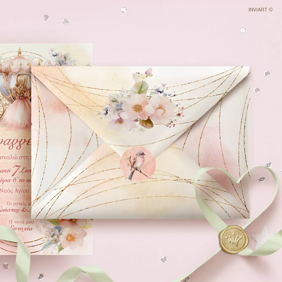 Φάκελος προσκλητηρίου βάπτισης ροζ με floral σχέδιο και πουλάκι