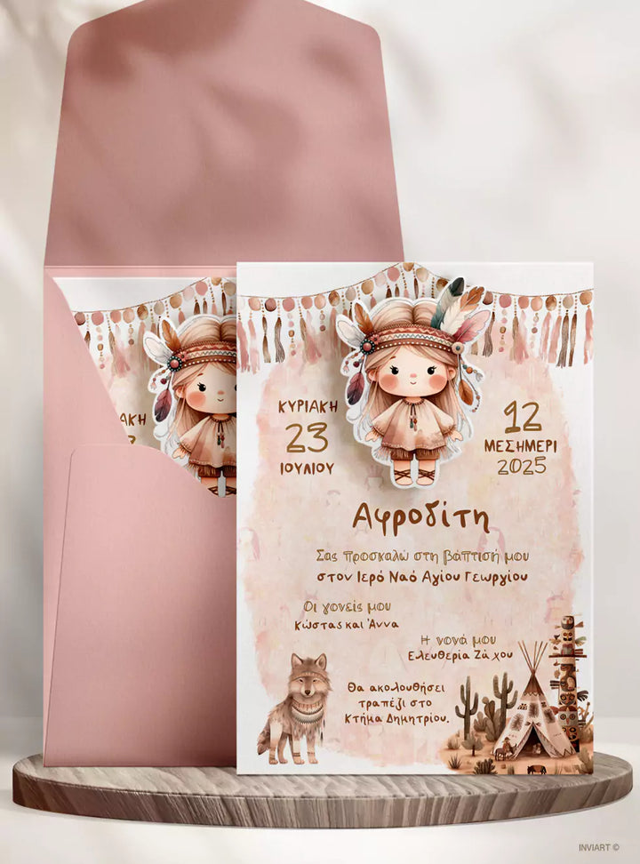 Boho-vintage προσκλητήριο βάπτισης κοριτσιού