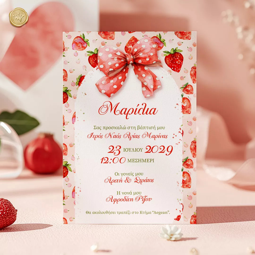 Προσκλητήριο βάπτισης με φράουλες και ροζ φιόγκο για κορίτσι