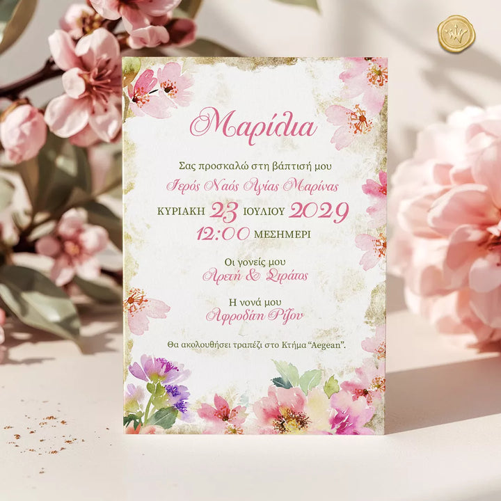προσκλητήριο βάπτισης λουλούδια για κορίτσι ροζ floral