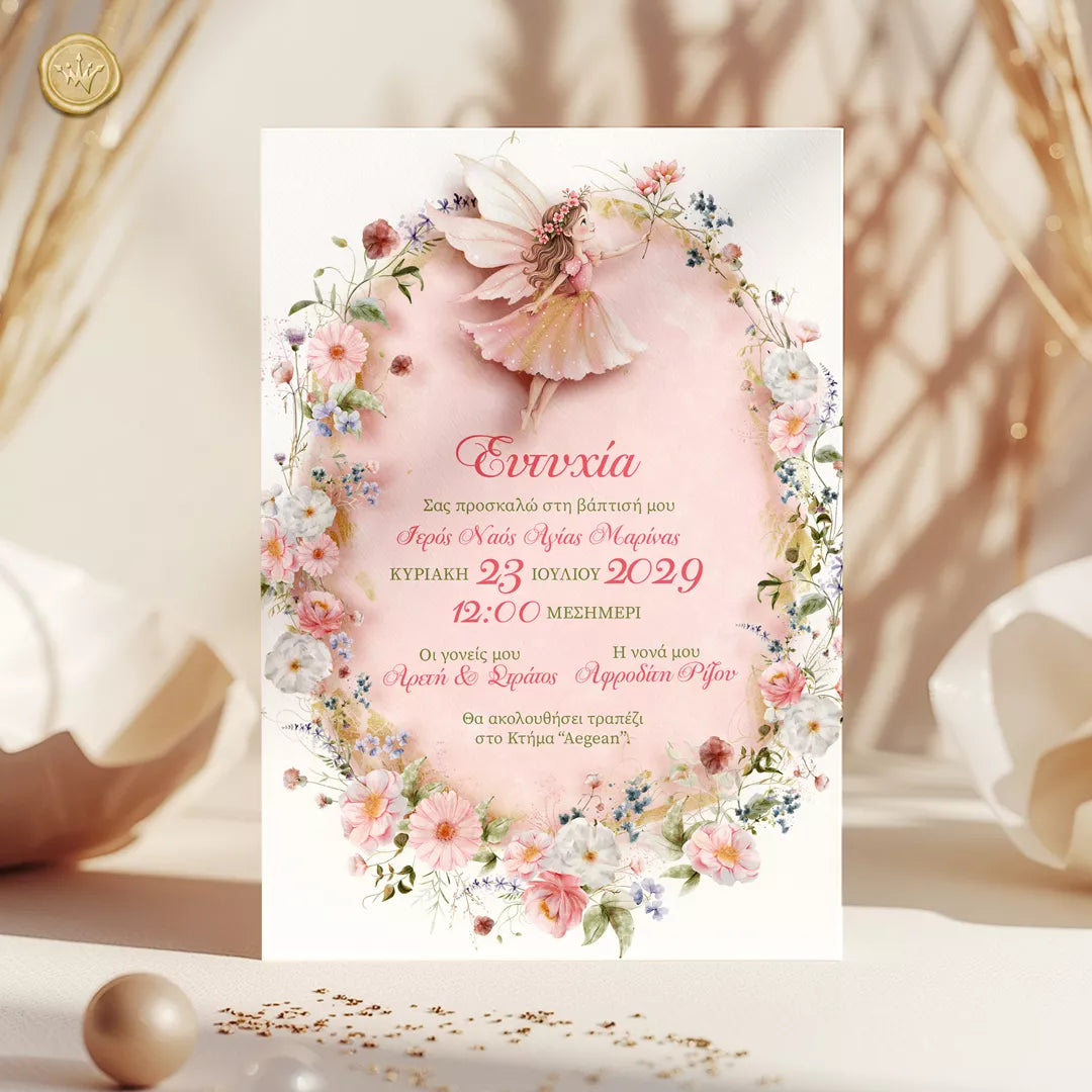 προσκλητήριο βάπτισης νεράιδα για κορίτσι με ροζ λουλουδένιο στεφάνι