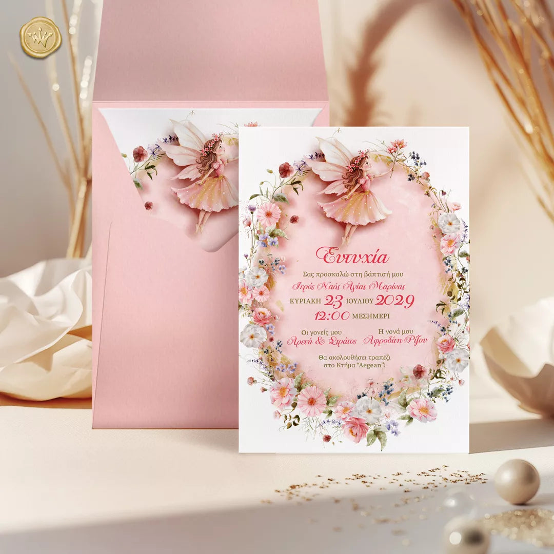 προσκλητήριο βάπτισης νεράιδα με ροζ φάκελο floral