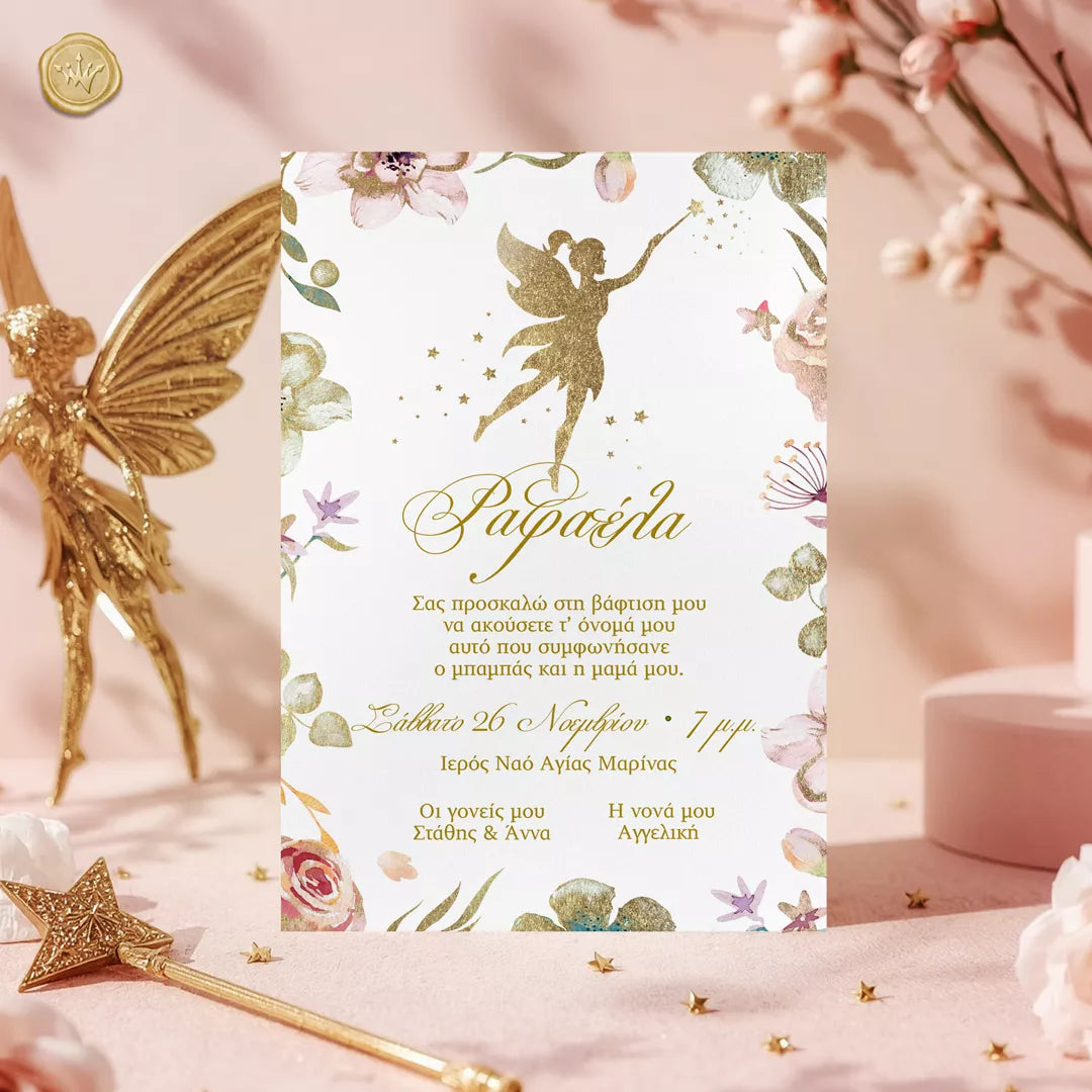 προσκλητήριο βάπτισης νεράιδα χρυσή για κορίτσι σε κάρτα