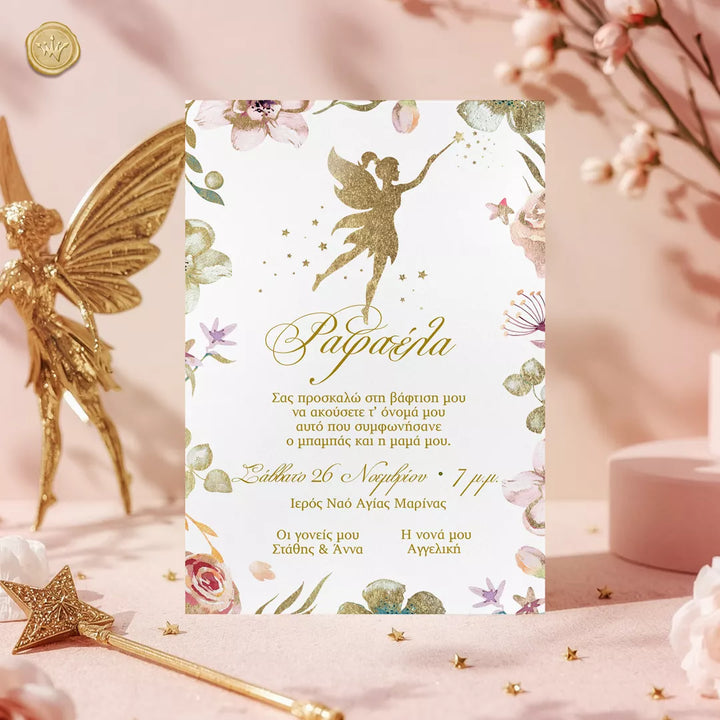 προσκλητήριο βάπτισης νεράιδα χρυσή για κορίτσι σε κάρτα