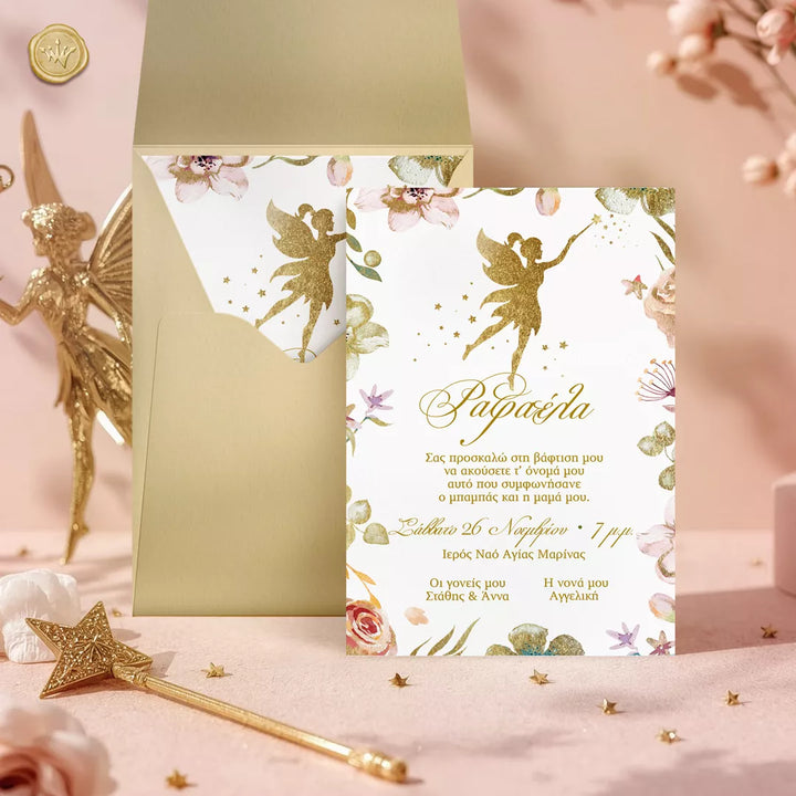 προσκλητήριο βάπτισης νεράιδα χρυσή με φάκελο