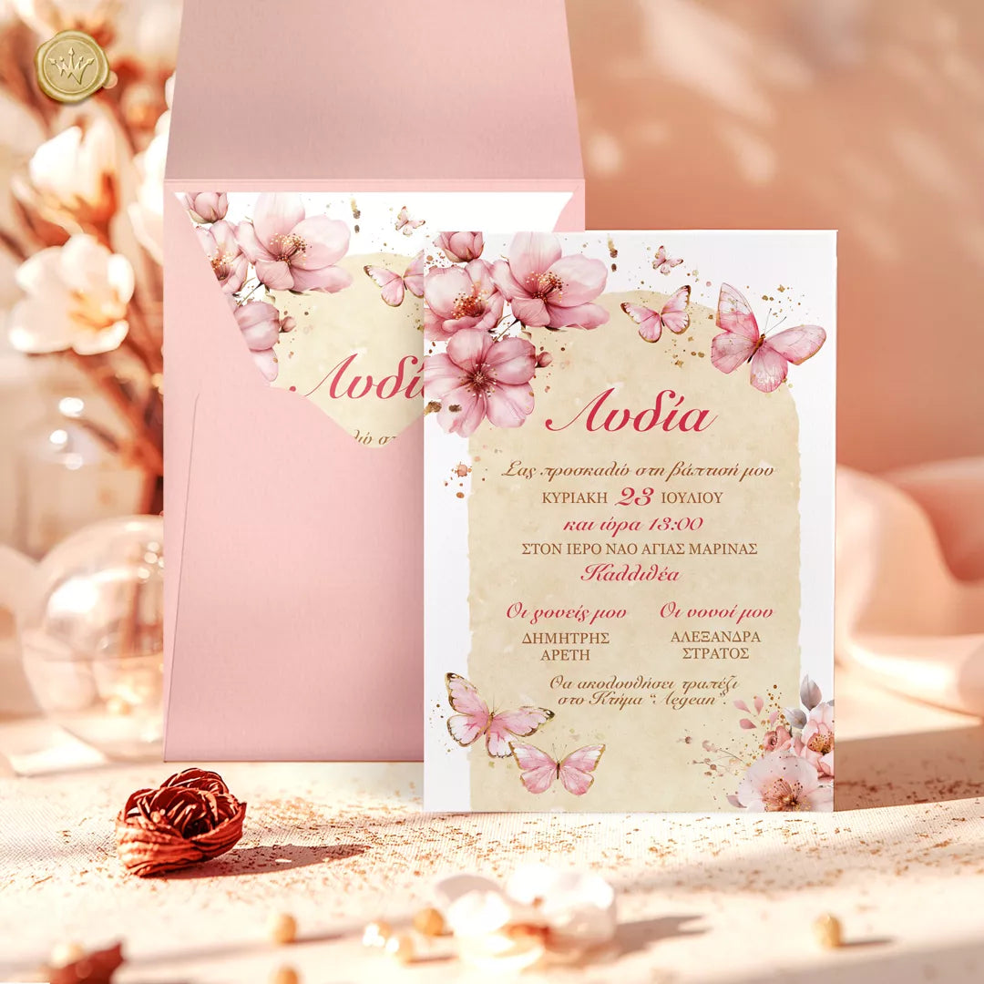 Πίσω όψη φακέλου βάπτισης με διακοσμητική πεταλούδα