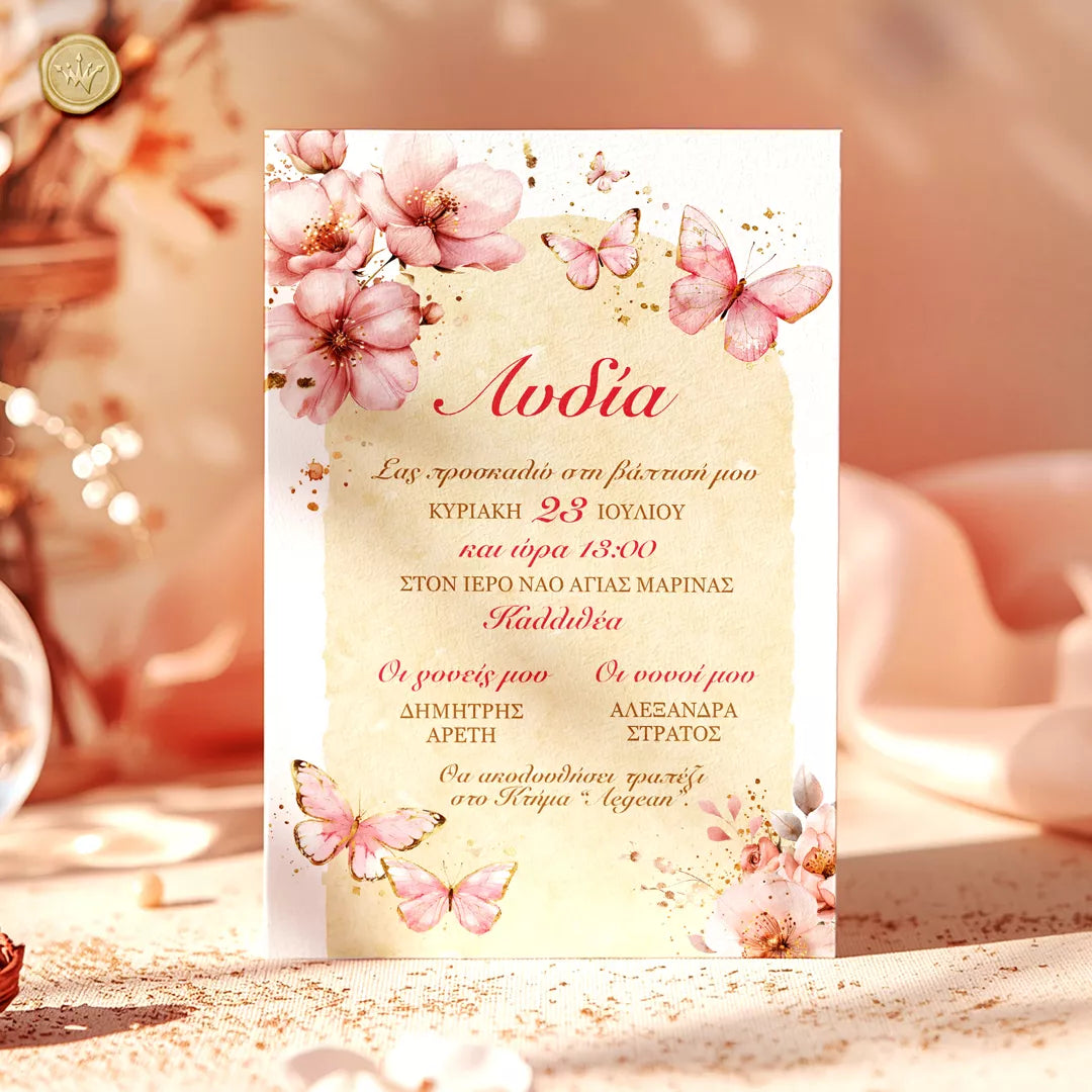 Προσκλητήριο βάπτισης με πεταλούδες και ροζ λουλούδια για κορίτσι